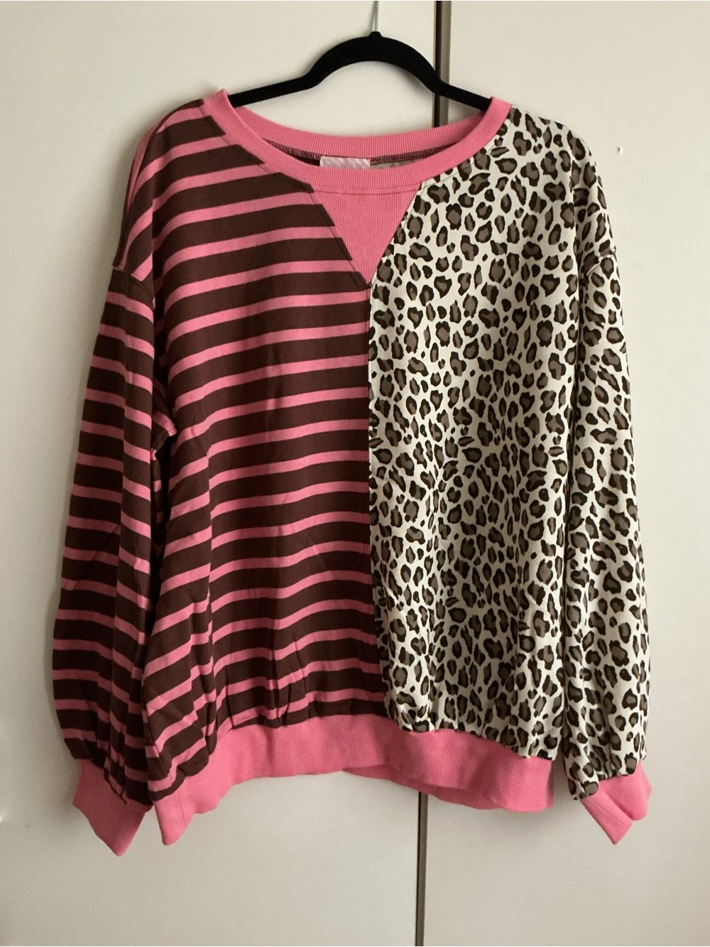 Fantastic Fawn Pink and Brown Striped Leopard-Panel Sweatshirt